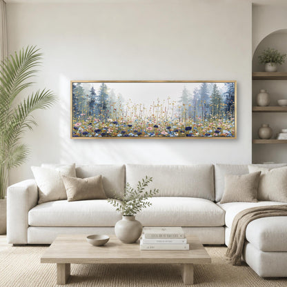a living room with a large, framed painting of a forest scene hanging on the wall above a white sofa. The sofa is positioned in front of a wooden coffee table, which has a vase of greenery and a stack of books on it. The room also features a potted plant and a bookshelf, creating a cozy and inviting atmosphere.
