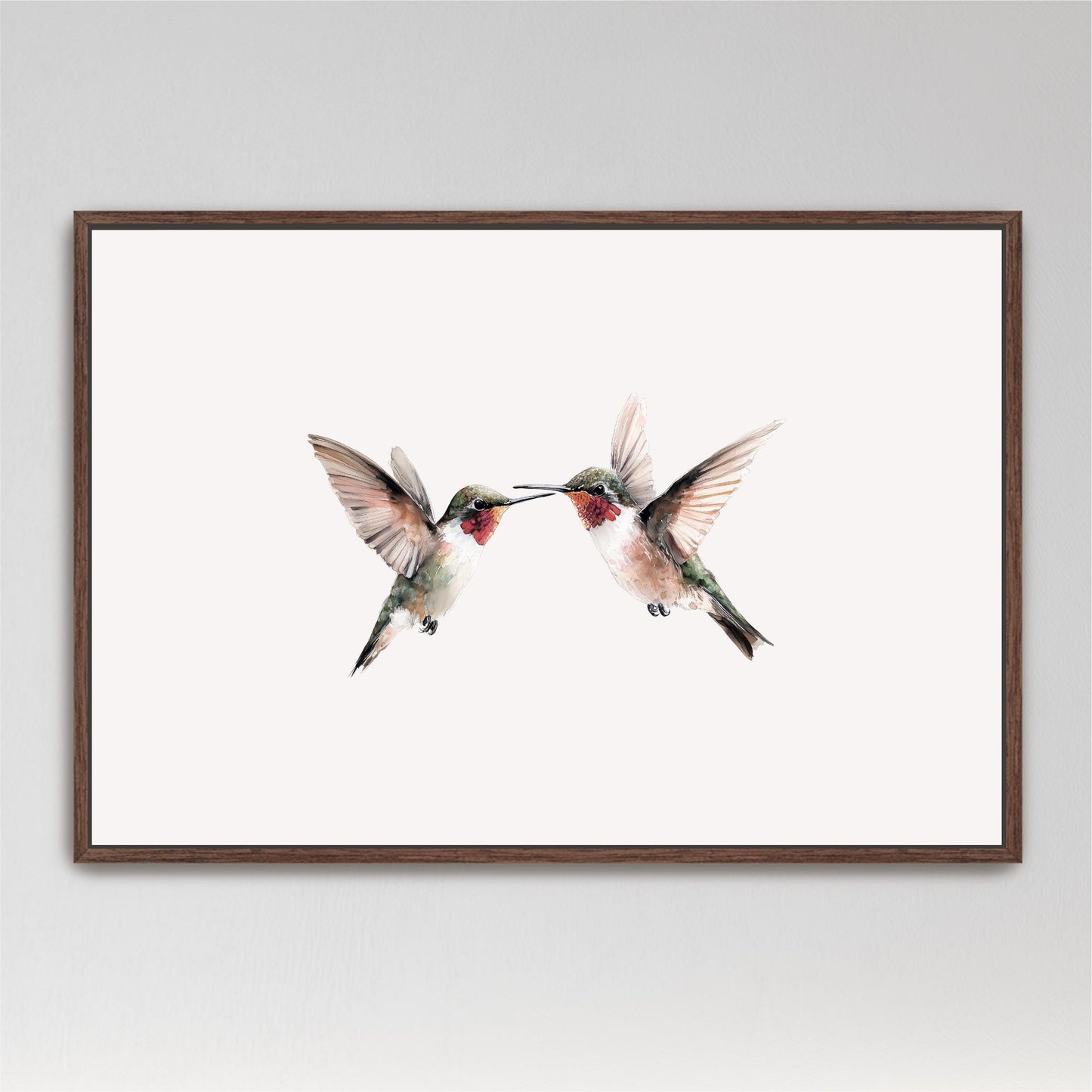 two hummingbirds in flight, with their wings spread wide and their beaks touching.