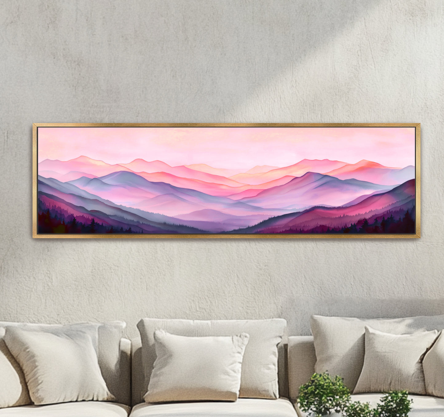 Mountain Landscape Art, Panoramic Canvas Print, Pastel Pink Purple Nature Decor, Modern Bedroom Artwork, Large Wall Hanging, Printed Shipped