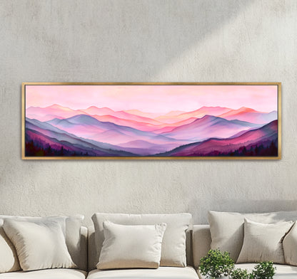 Mountain Landscape Art, Panoramic Canvas Print, Pastel Pink Purple Nature Decor, Modern Bedroom Artwork, Large Wall Hanging, Printed Shipped