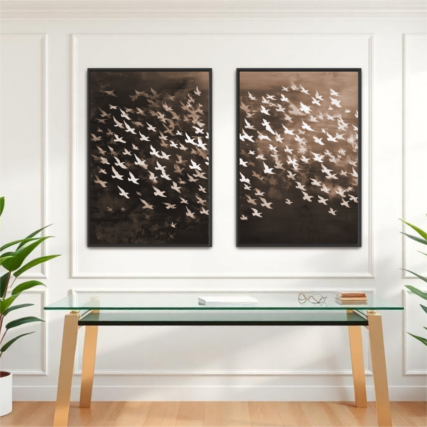 a glass desk with a pair of framed artworks hanging above it, depicting a flock of birds in flight.