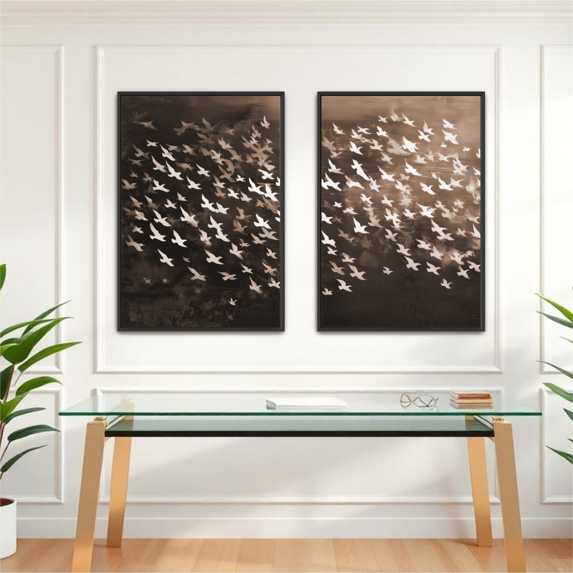 a glass desk with a pair of framed artworks hanging above it, depicting a flock of birds in flight.