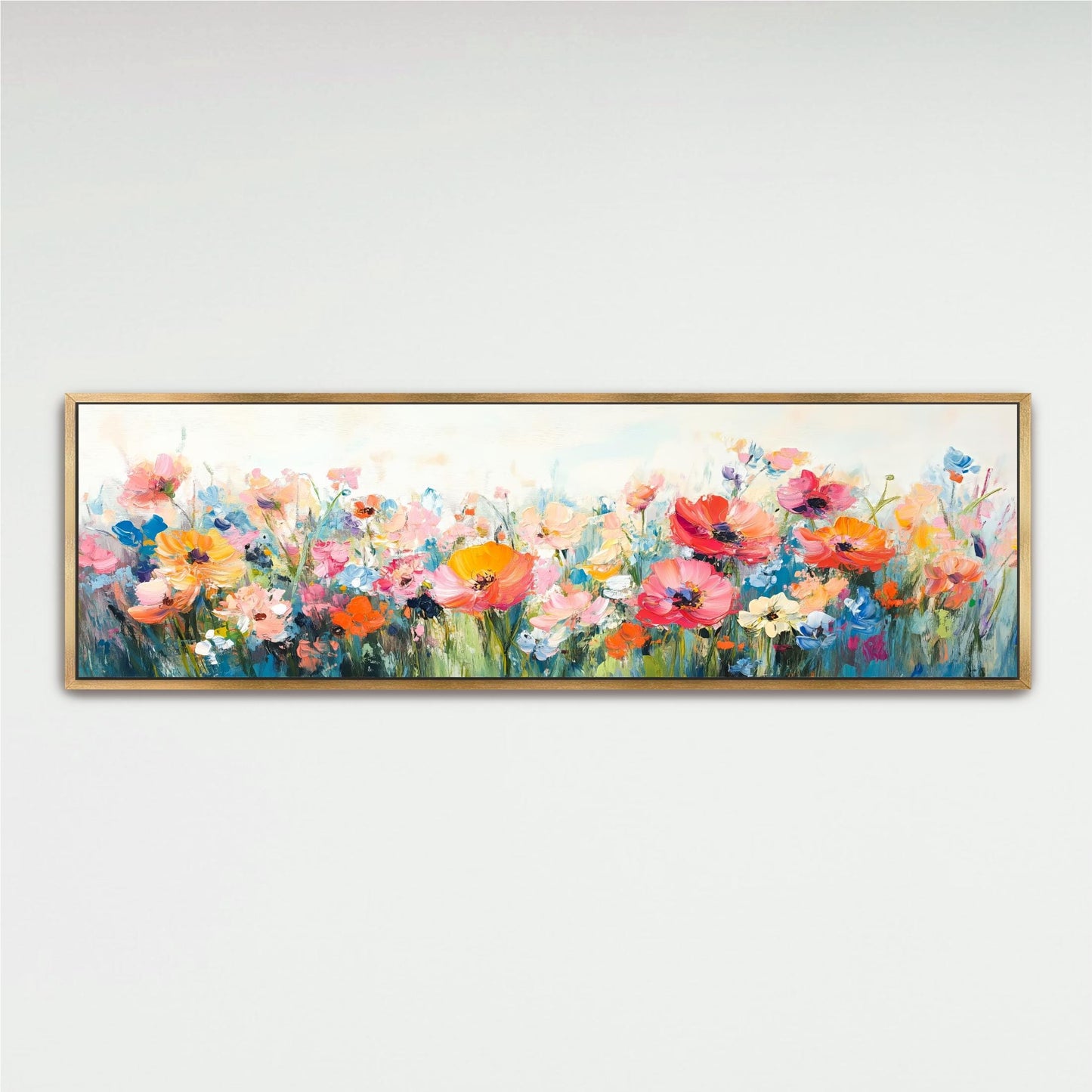 The image is a painting of a field of colorful flowers, including red, orange, yellow, and pink flowers, set against a white background.