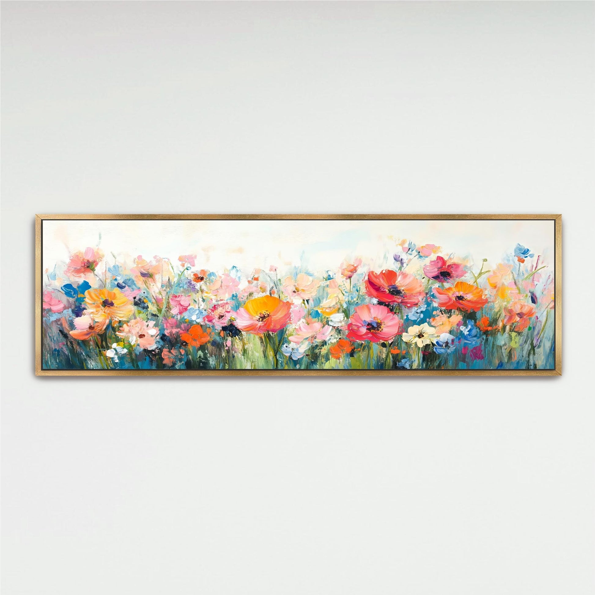 The image is a painting of a field of colorful flowers, including red, orange, yellow, and pink flowers, set against a white background.