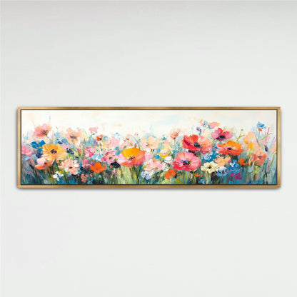 The image is a painting of a field of colorful flowers, including red, orange, yellow, and pink flowers, set against a white background.