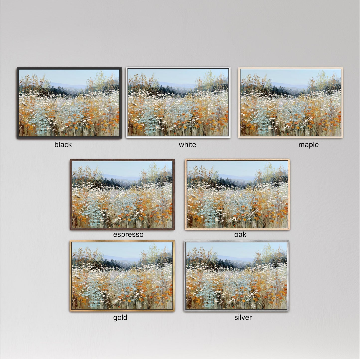 six different framed pictures of a field of flowers, each with a different color frame. The frames are labeled with the color of the frame, such as black, white, maple, espresso, oak, and gold.