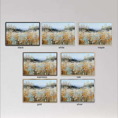 six different framed pictures of a field of flowers, each with a different color frame. The frames are labeled with the color of the frame, such as black, white, maple, espresso, oak, and gold.