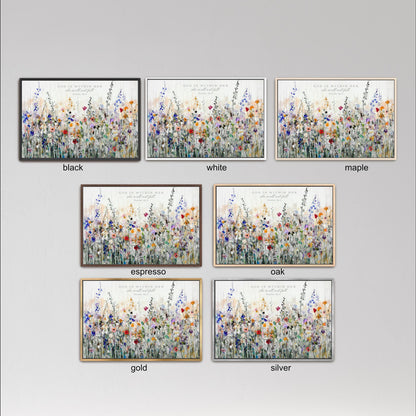 six framed artworks depicting various flower arrangements, each with a different color scheme. The artworks are labeled with the color of the frame, such as black, white, maple, espresso, oak, gold, and silver.