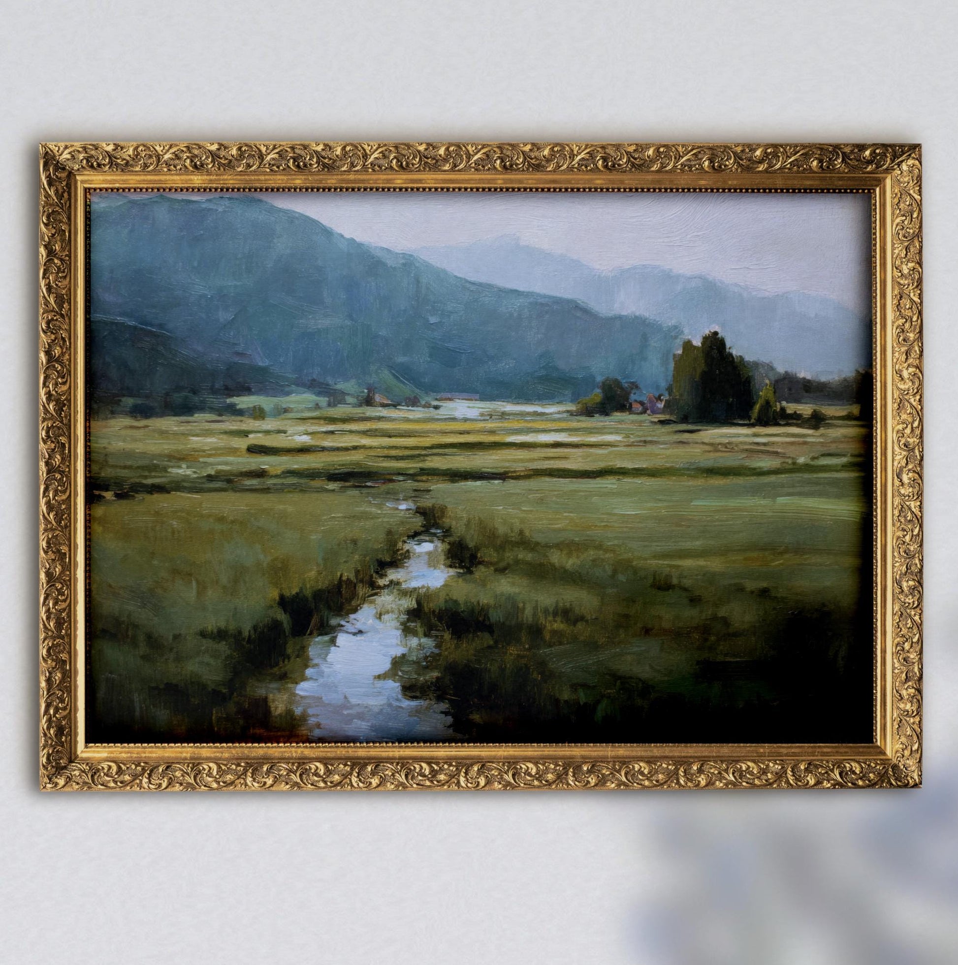 a painting of a serene landscape with a winding stream, lush green fields, and distant mountains.