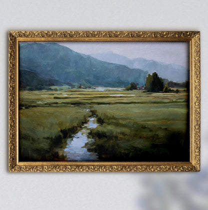 a painting of a serene landscape with a winding stream, lush green fields, and distant mountains.