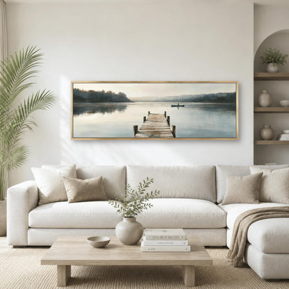 a serene living room with a large painting of a wooden dock leading to a calm lake, surrounded by lush greenery.