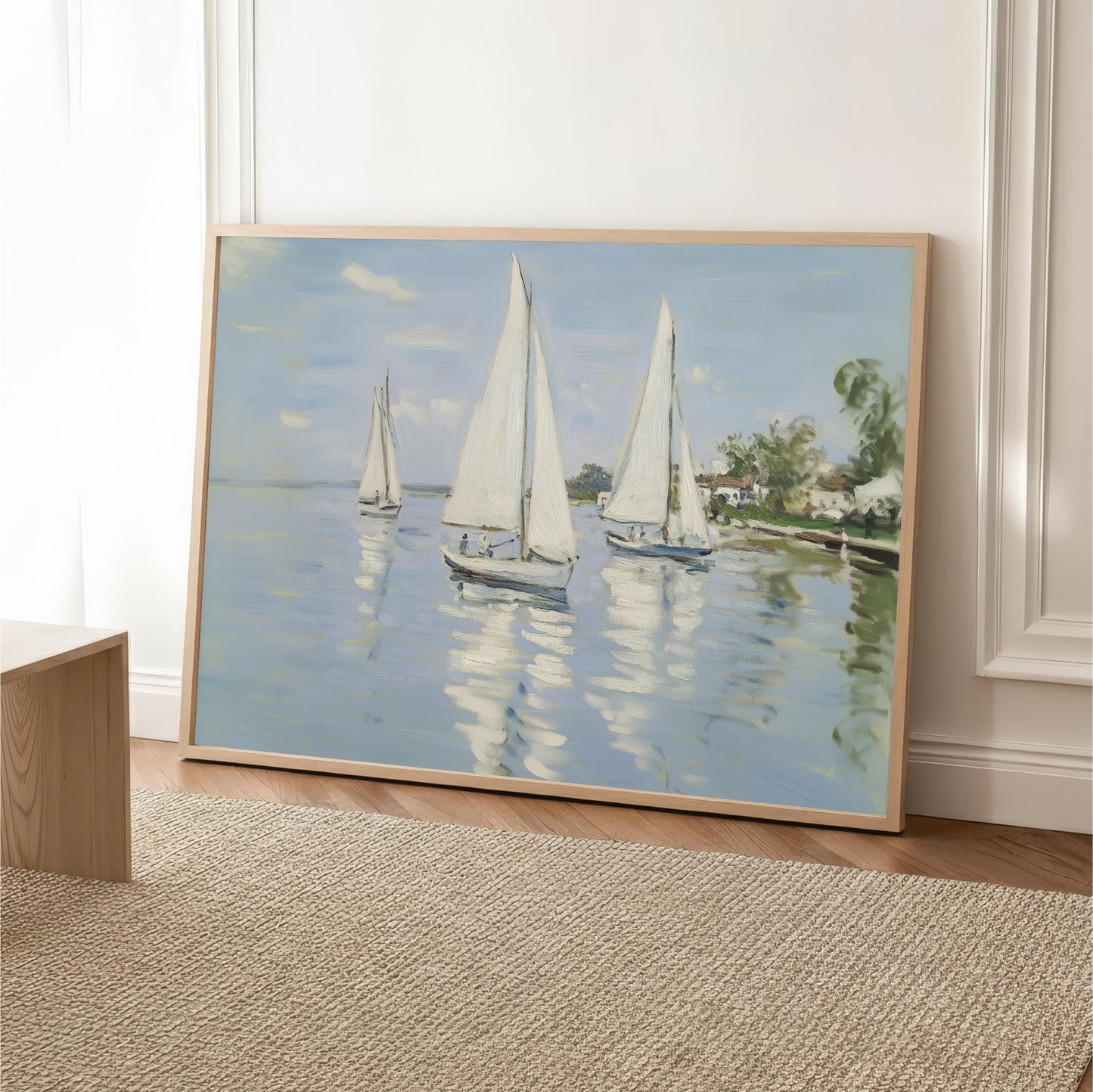 a painting of three sailboats on a body of water, with a serene and peaceful atmosphere.