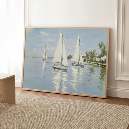 a painting of three sailboats on a body of water, with a serene and peaceful atmosphere.