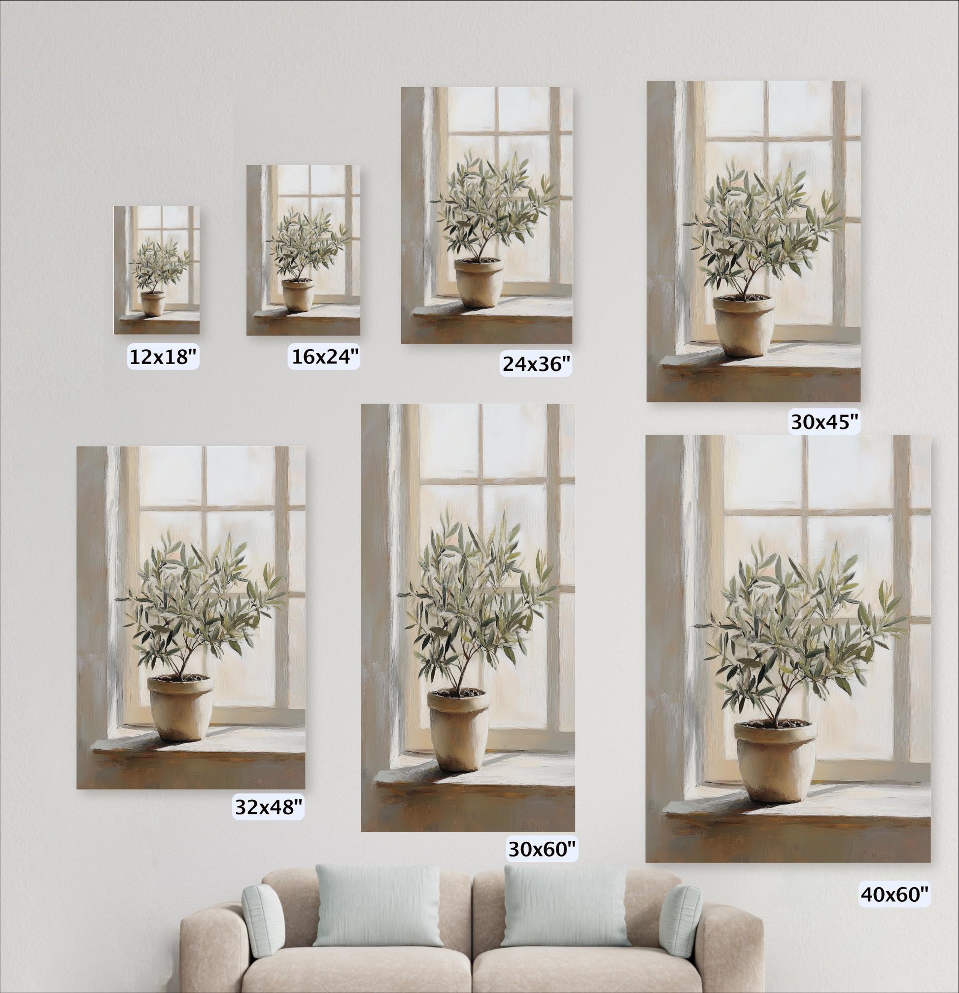 a series of six identical paintings or photographs of a potted plant in a window, each varying in size and framing. The paintings are arranged in a grid format, with each one being a different size and positioned at different angles. The potted plant is the central focus of each painting, and the window in the background provides a natural light source for the plant. The paintings are displayed on a wall, and there is a couch in the foreground.