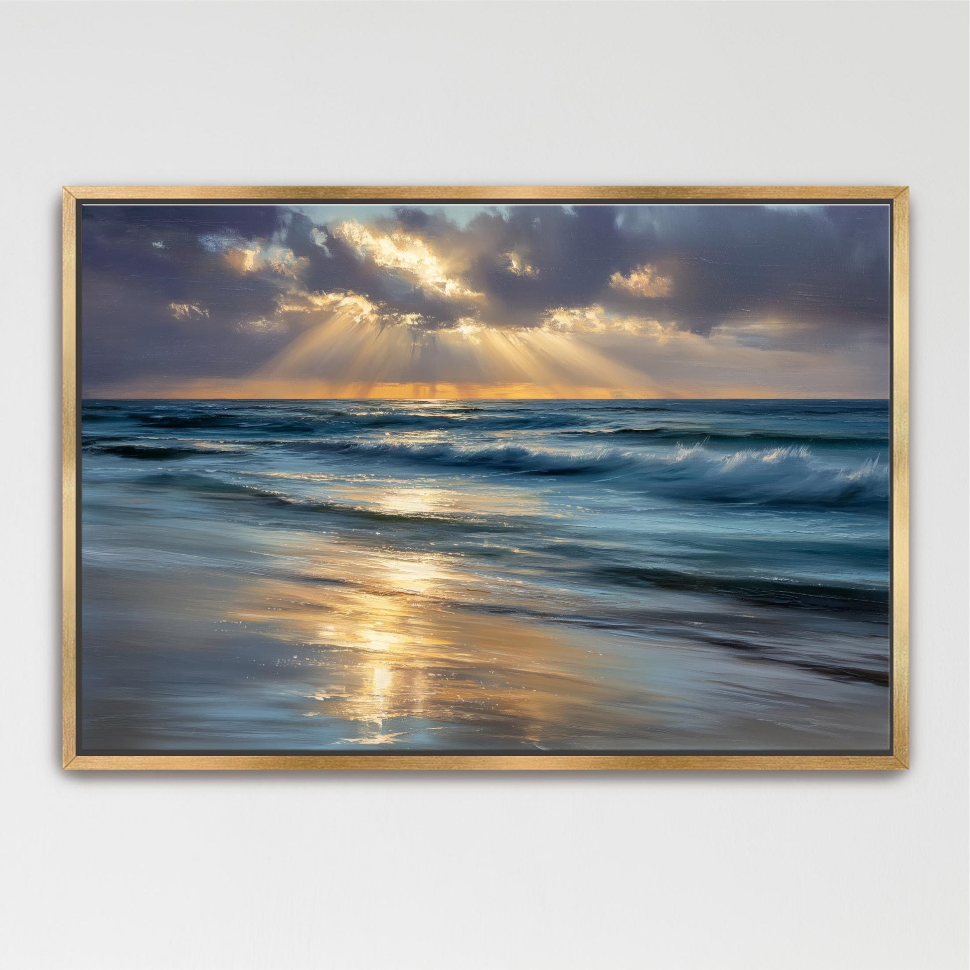 a serene beach scene with a calm ocean and a beautiful sunset casting a warm glow on the water.