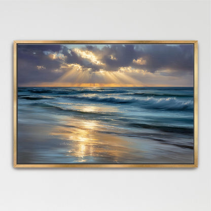 a serene beach scene with a calm ocean and a beautiful sunset casting a warm glow on the water.