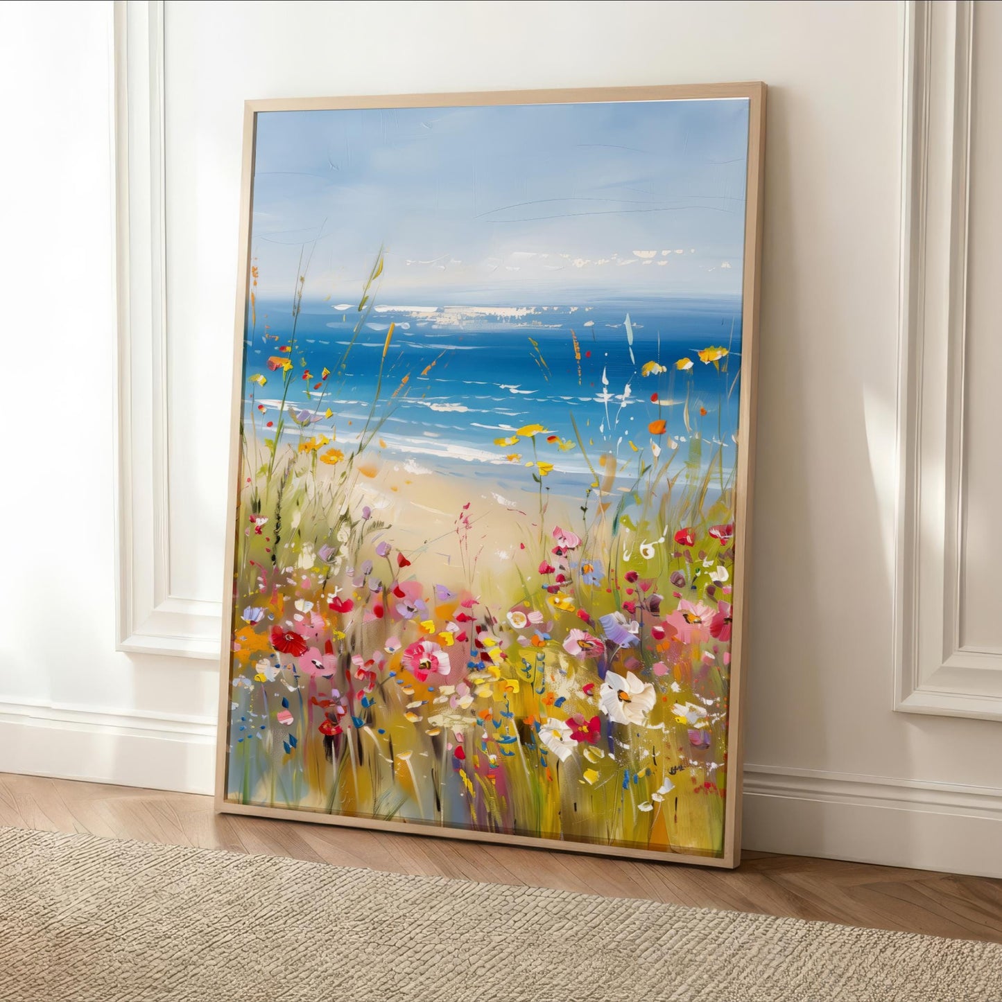colorful vibrant coastal scene with a beach, ocean, and colorful wildflowers.