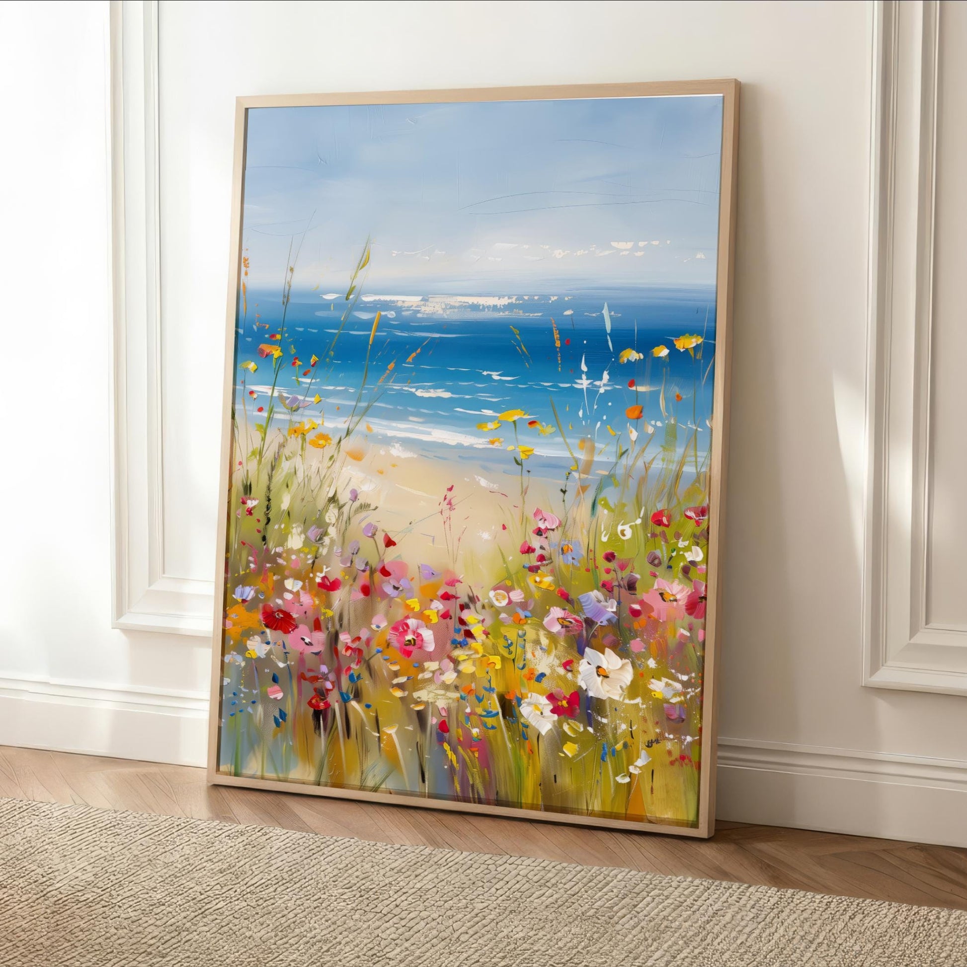 colorful vibrant coastal scene with a beach, ocean, and colorful wildflowers.