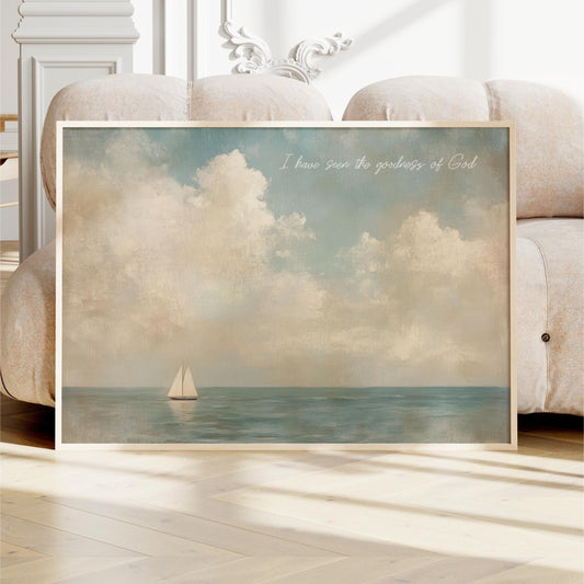 a framed painting of a sailboat on the ocean, with a cloudy sky in the background.