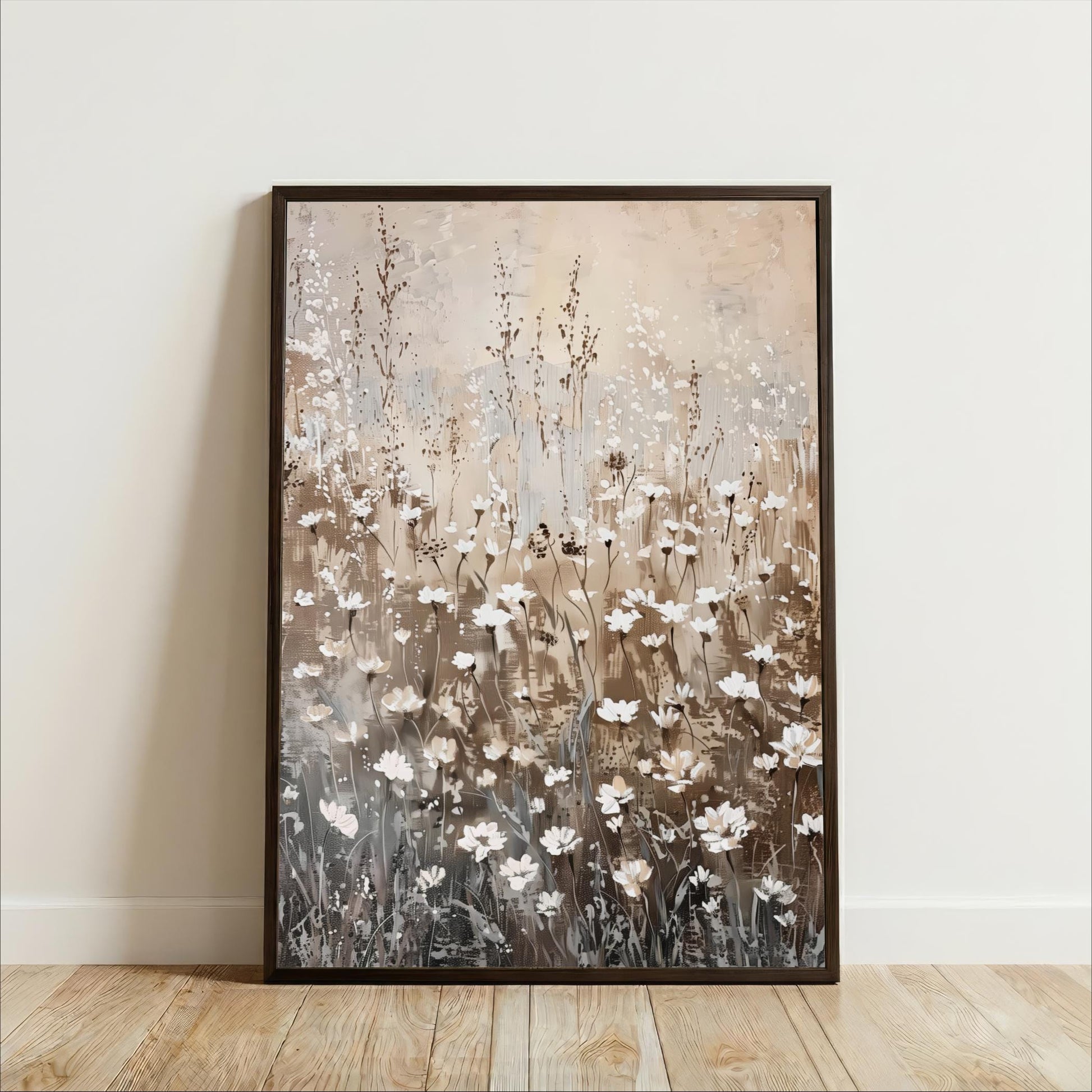 The image is a framed painting depicting a field of white flowers against a light brown background.