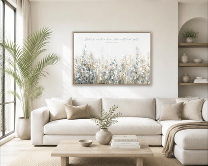 A living room with a large white sofa, a wooden coffee table, and a framed painting of a field of flowers hanging on the wall.
