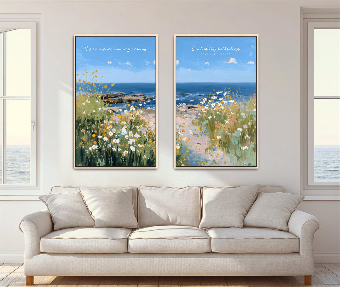 two framed paintings hanging on a wall, depicting a serene landscape with a field of flowers and a body of water.