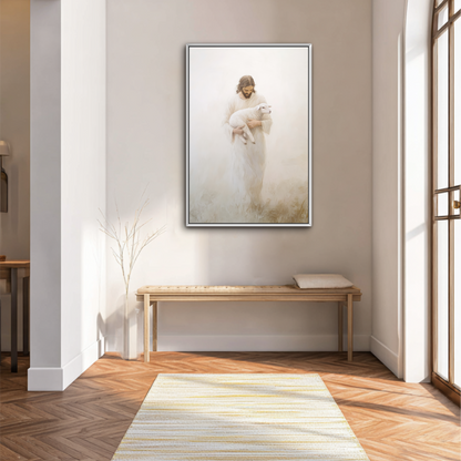 a serene and peaceful indoor setting, featuring a large framed painting of a person holding a lamb on the wall, a wooden bench, and a rug on the floor.