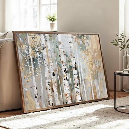a large framed painting of a forest scene with birch trees, displayed on a wooden floor in a living room setting.