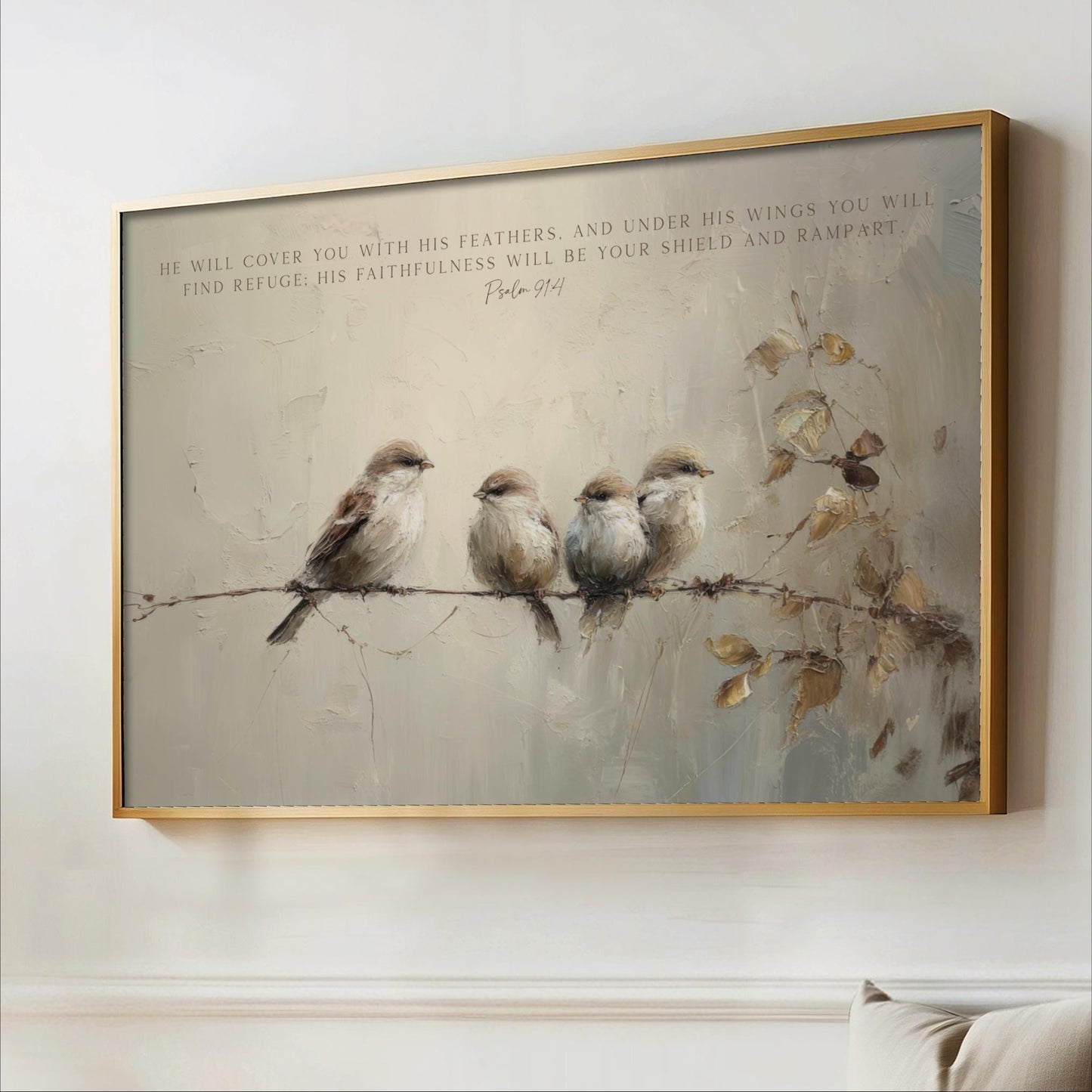 The image is a framed painting depicting four birds perched on a branch, with a text overlay that reads "He will cover you with his feathers, and under his wings you will find refuge, his faithfulness will be your shield and rampart. Psalm 19:14".