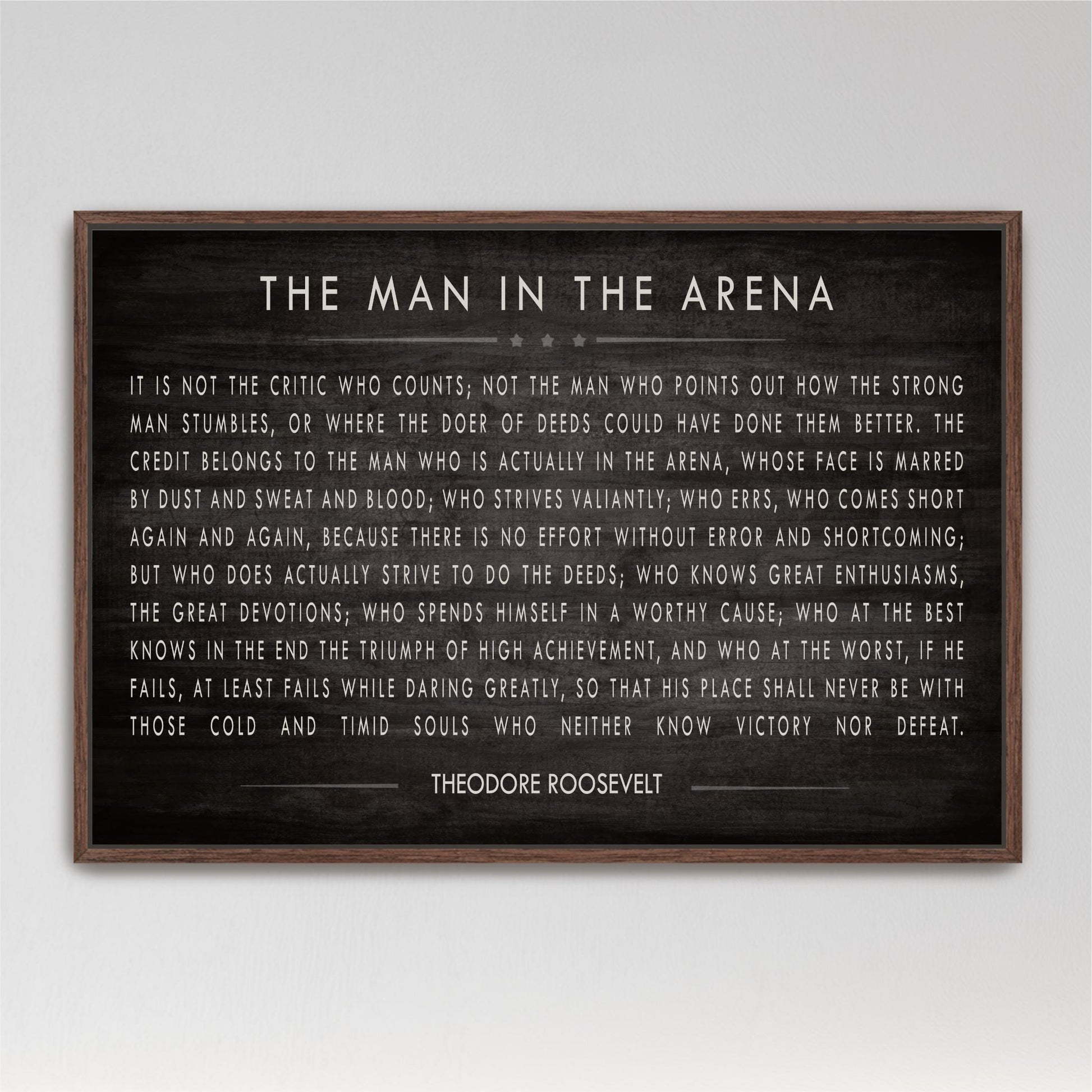 a quote by Theodore Roosevelt, a famous American author and President, displayed in a black and white framed print.