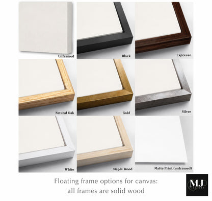 various floating frame options for a canvas, including Unframed, Black, Espresso, Natural Oak, Gold, Silver, White, Maple Wood, and Matte Print (unframed). All frames are made of solid wood.