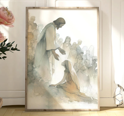 The image is a framed painting depicting a religious scene with a figure in a robe and a kneeling figure, surrounded by a crowd of people.
