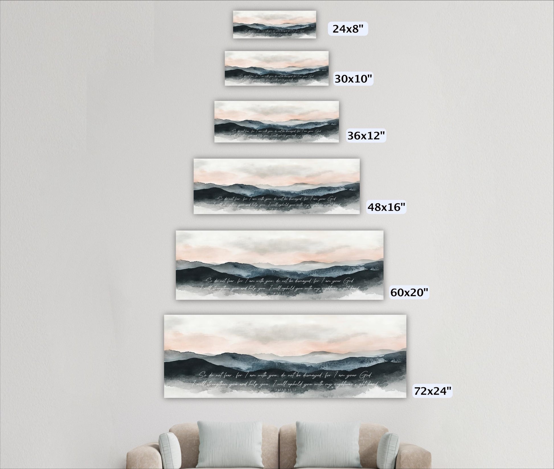 a series of landscape paintings or prints displayed on a wall, each with a different size. The paintings depict mountains and a sky with clouds, and they are arranged in a descending order from largest to smallest.