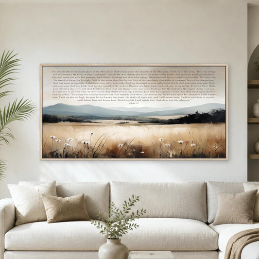 Psalm 91 Framed Wall Art, Neutral Field Meadow Landscape, Scripture Christian Religious Custom Bible Verse Artwork, Farmhouse Botanical, Christian gifts, Large Living Room Art, pastor gift