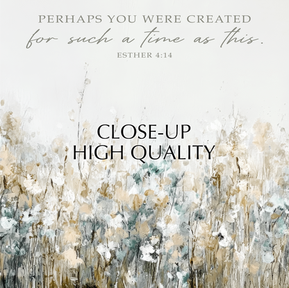 The image is a close-up of a field of flowers with a text overlay that reads "PERHAPS YOU WERE CREATED for such a time as this. ESTHER 4:14"