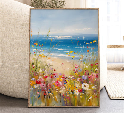 a vibrant painting of a field of colorful flowers, with the ocean visible in the background.