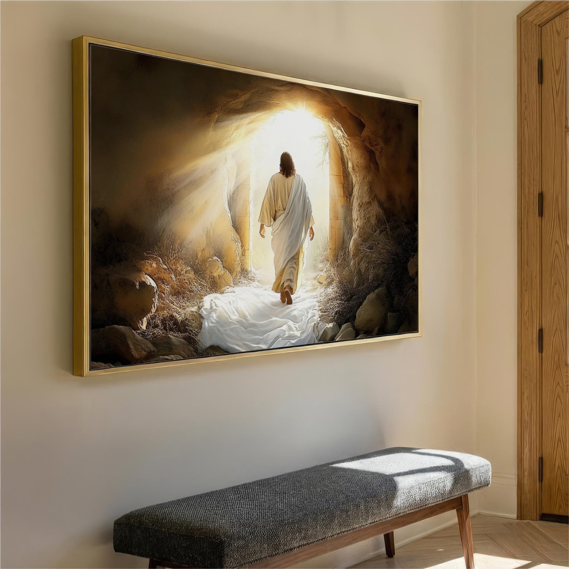 a large, framed painting of Jesus walking out of a cave, with sunlight streaming through the opening.