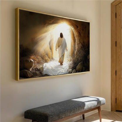 a large, framed painting of Jesus walking out of a cave, with sunlight streaming through the opening.