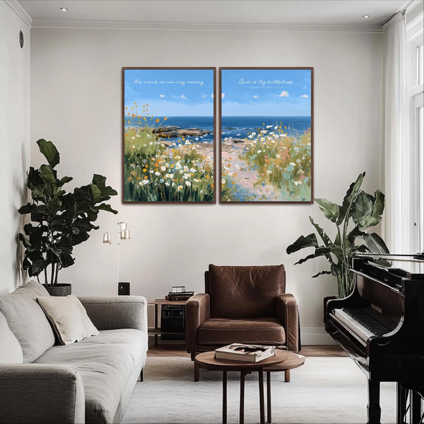 a serene living room with a large painting of a field of flowers hanging on the wall above a brown leather armchair. The room is decorated with a gray sofa, a wooden coffee table, and a grand piano. The painting adds a touch of nature and tranquility to the space.