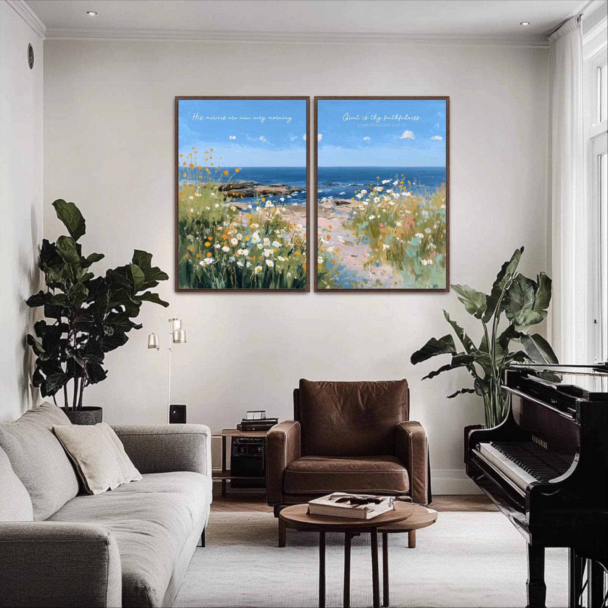 a serene living room with a large painting of a field of flowers hanging on the wall above a brown leather armchair. The room is decorated with a gray sofa, a wooden coffee table, and a grand piano. The painting adds a touch of nature and tranquility to the space.