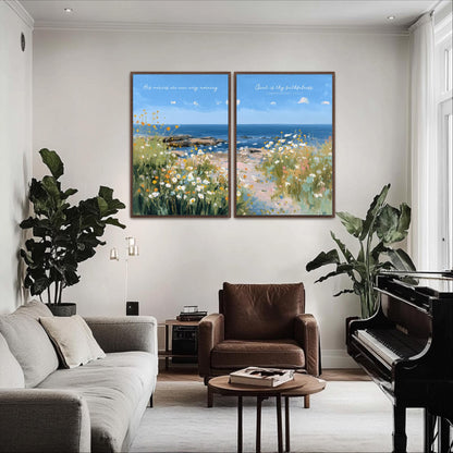 a serene living room with a large painting of a field of flowers hanging on the wall above a brown leather armchair. The room is decorated with a gray sofa, a wooden coffee table, and a grand piano. The painting adds a touch of nature and tranquility to the space.