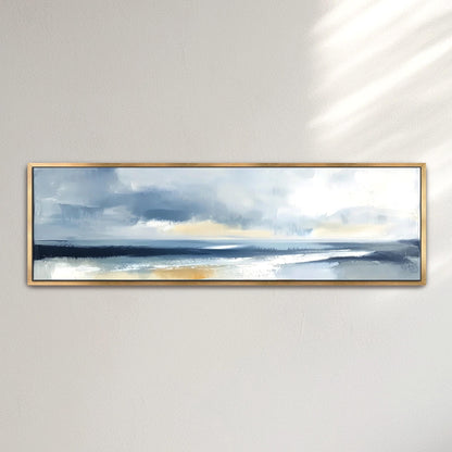 Modern Abstract Coastal Wall Art, Large Panoramic Seascape Canvas Print, Blue and Gold Minimalist Horizon Painting, Beach House Decor