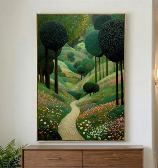 Botanical Framed Art, Green Trees Flowers, Gustav Klimt Inspired Whimsical Cottagecore, Canvas Print Artwork Vertical Portrait