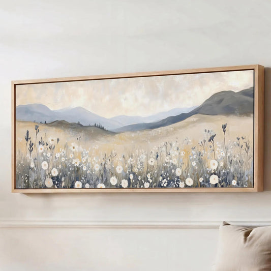 Wildflower Meadow Canvas Wall Art, Pastel Floral Field, Cottagecore Nature Decor, Minimalist Countryside Mountains Large Horizontal Artwork
