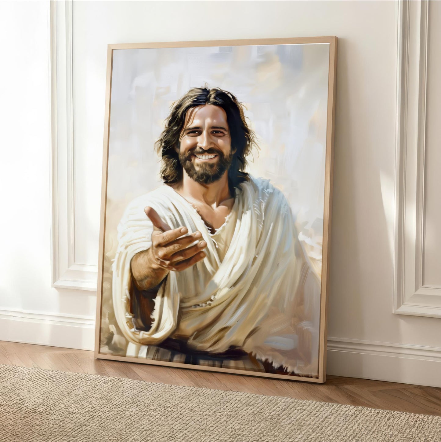 A framed painting of Jesus Christ, with a smiling expression and long hair, is displayed on a wall.