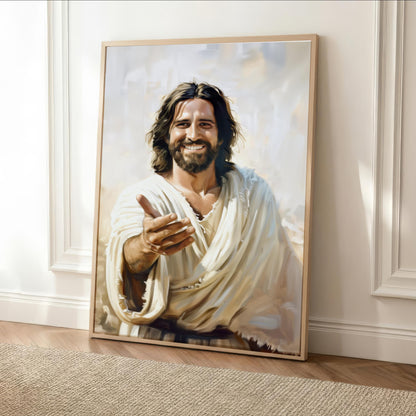 A framed painting of Jesus Christ, with a smiling expression and long hair, is displayed on a wall.