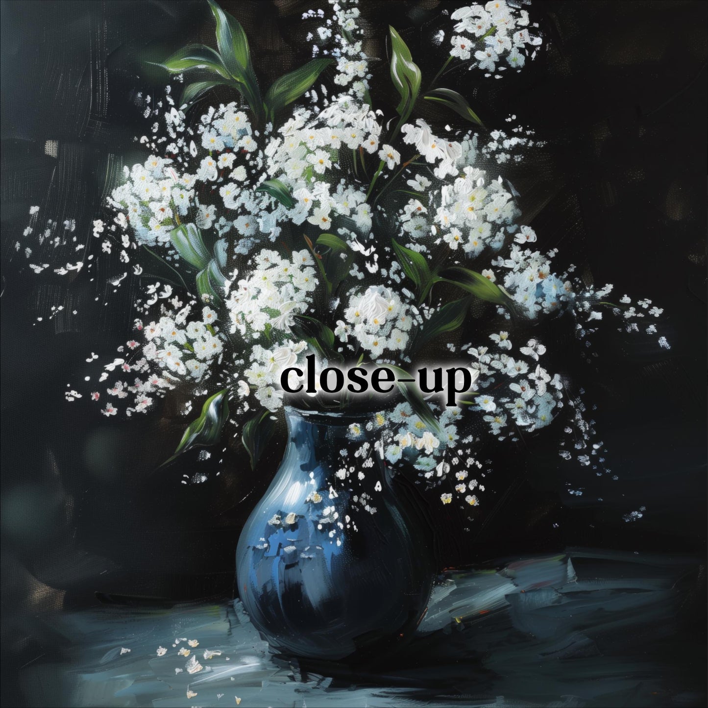 A close-up of a vase filled with white flowers against a dark background.
