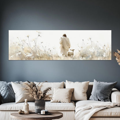 a large painting of a person walking with a lamb in a field of flowers, hanging on a wall above a couch in a living room setting.