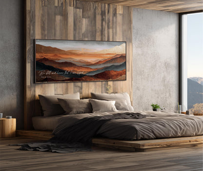 a modern bedroom with a large bed, wooden headboard, and a wooden wall with a framed landscape painting. The room has a minimalist and contemporary design, with a focus on natural materials and a harmonious color palette.