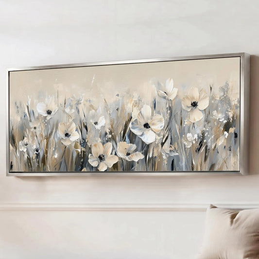 Wildflower Meadow Canvas Wall Art, Beige, Steel Gray, Navy Blue Flowers, Panorama Floral Landscape, Modern Large Horizontal Framed Artwork
